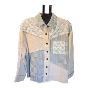POL Patchwork Button-Down Shirt in Cream and Light Blue